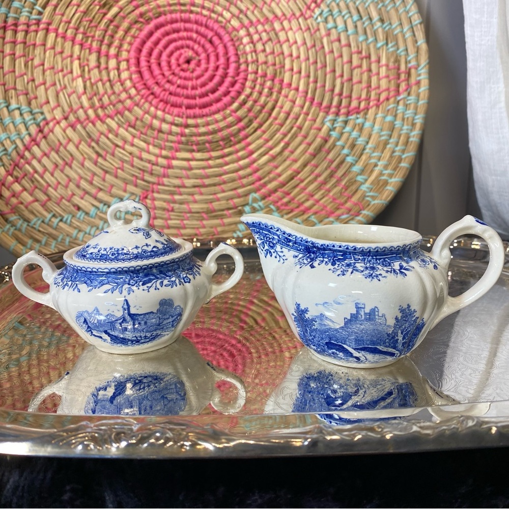 Villeroy & Boch "BURGENLAND BLUE" Mini SUGAR & CREAMER Mettlach Green Backstamp